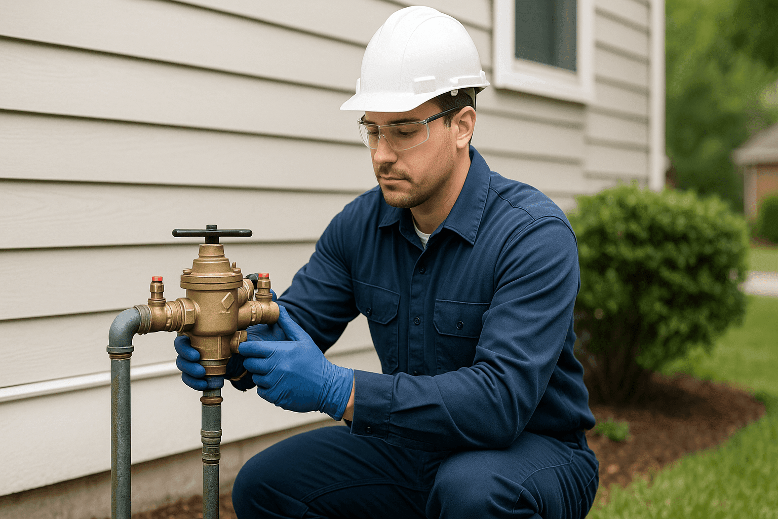 Plomero instalando un dispositivo de prevención de retorno en la línea de agua de una casa