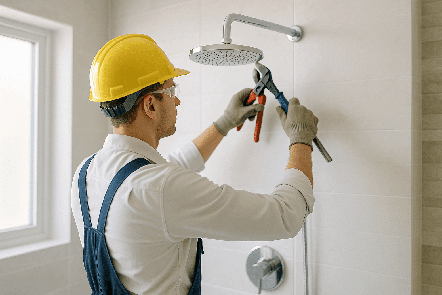 Plumber installing modern shower fixture in bathroom