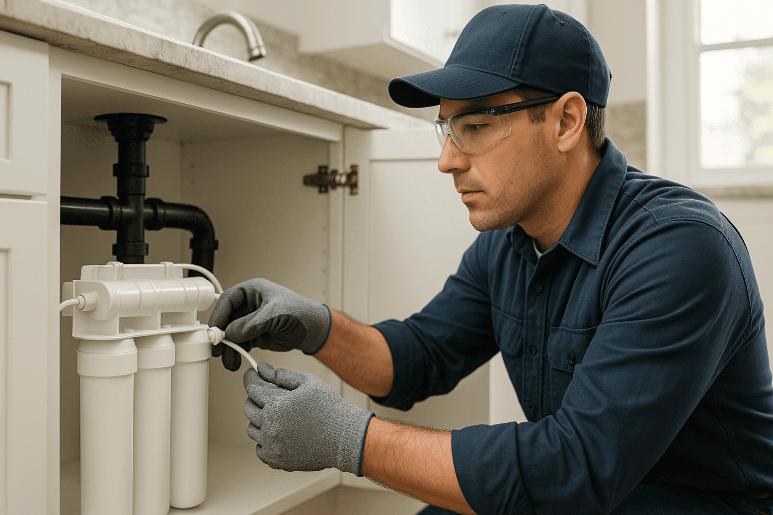 Técnico instalando filtro de agua bajo fregadero en cocina