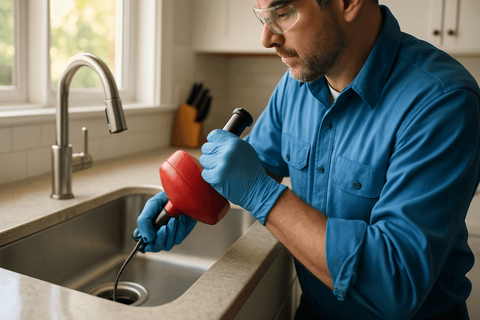 Plumber using drain snake on kitchen sink drain