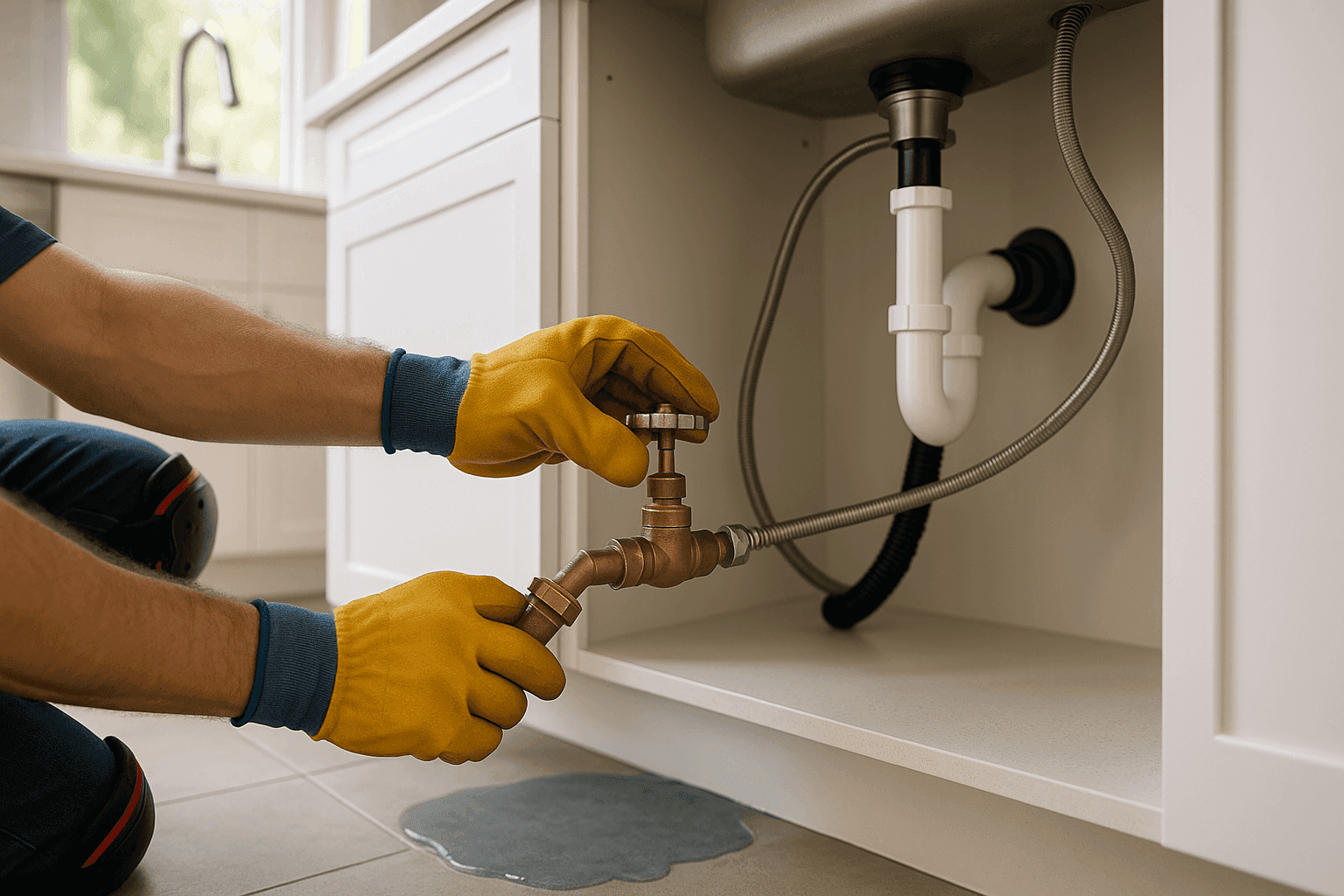 Technician fixing leaking kitchen sink under cabinet
