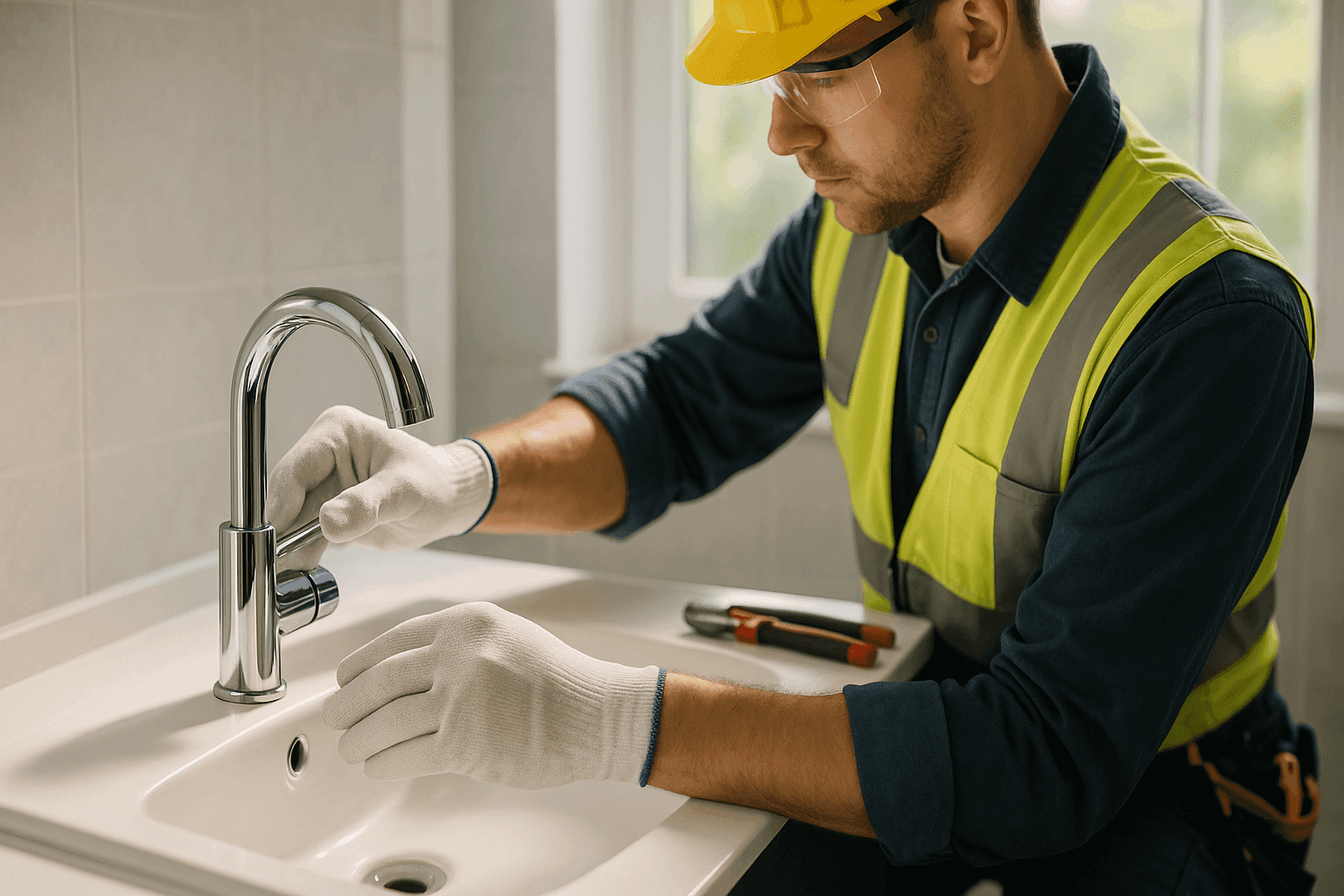 Plomero instalando un nuevo grifo de baño