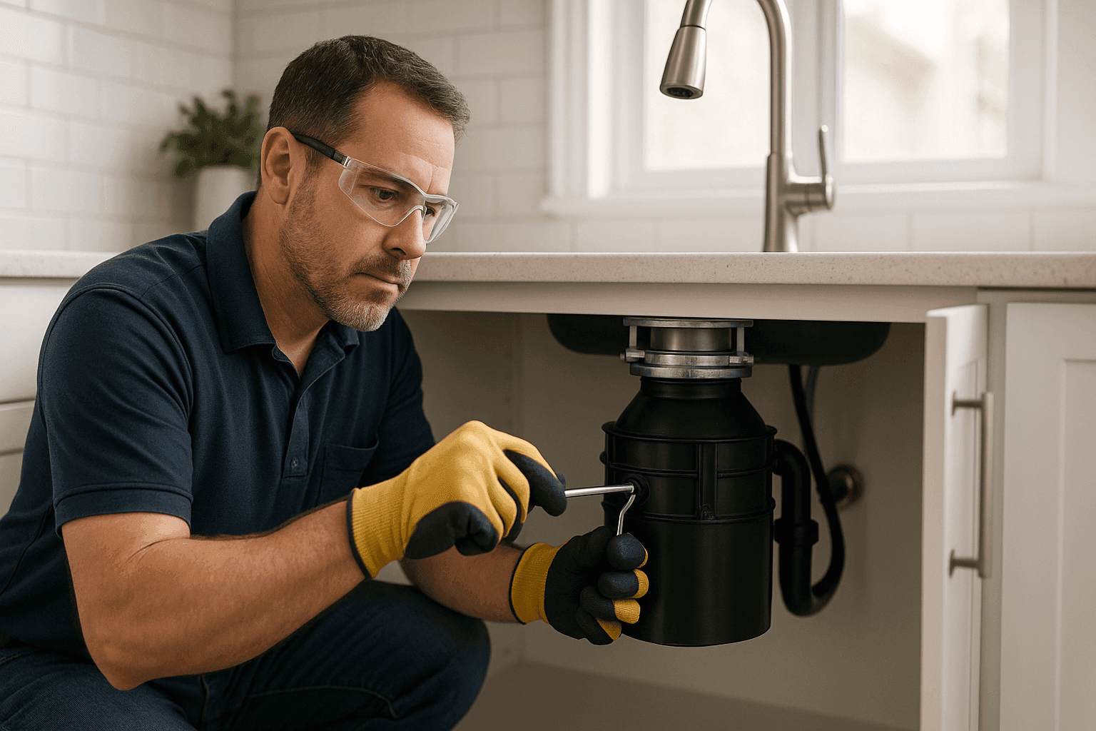 Propietario usando una llave Allen para reparar el triturador de basura bajo el fregadero
