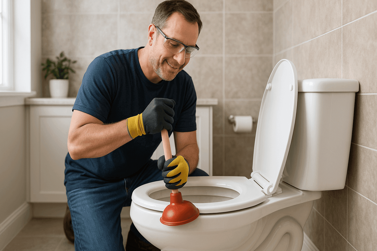 Propietario usando un desatascador para desatascar el inodoro del baño