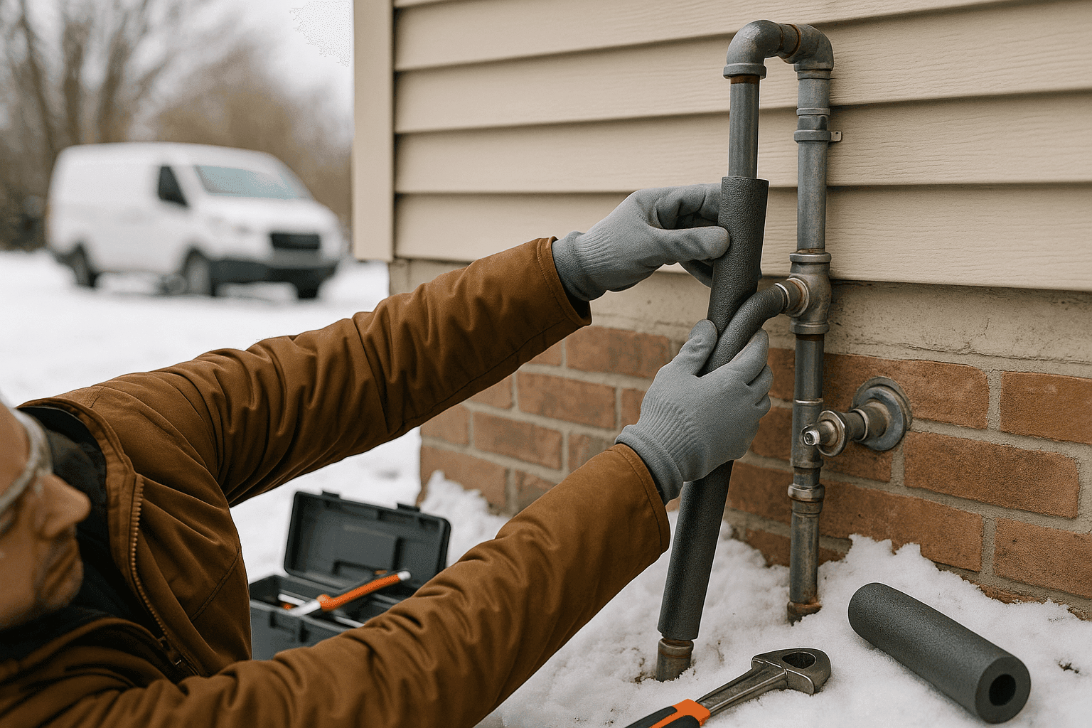 Homeowner insulating outdoor plumbing pipes to prevent freezing in winter