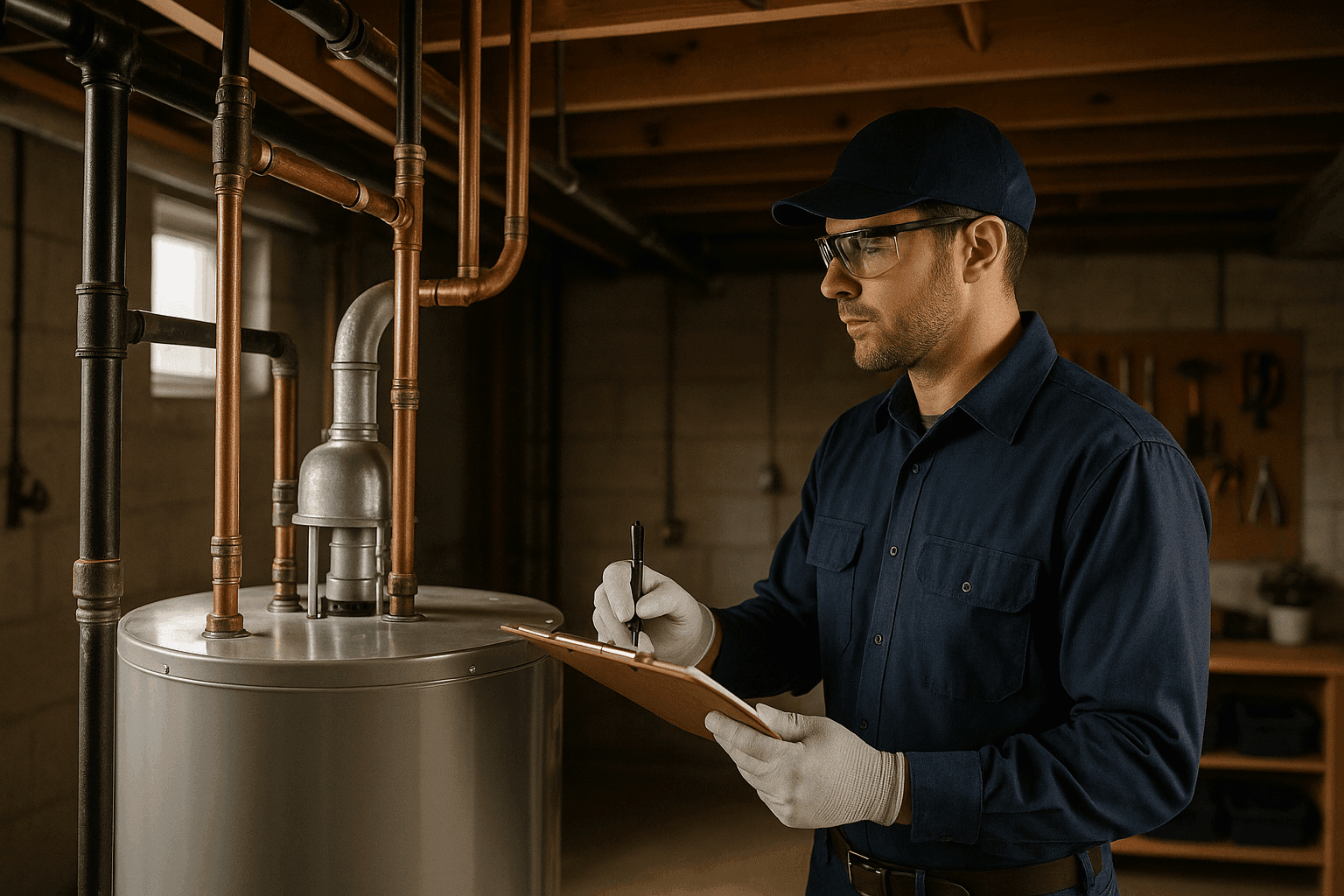 Technician performing routine plumbing check in basement