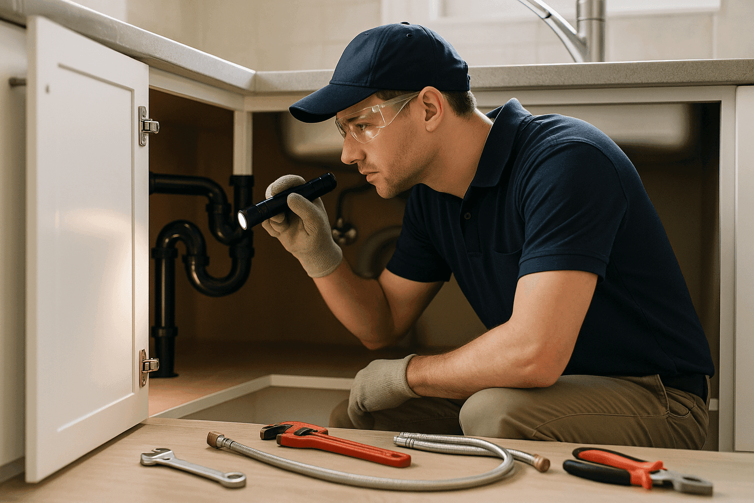 Homeowner inspecting kitchen plumbing pipes for leaks and damage