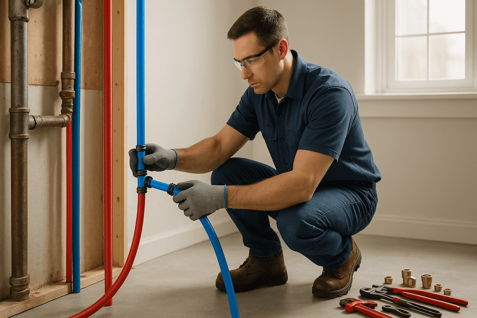 Técnico reemplazando tuberías viejas por nuevas de PEX en un cuarto de servicios