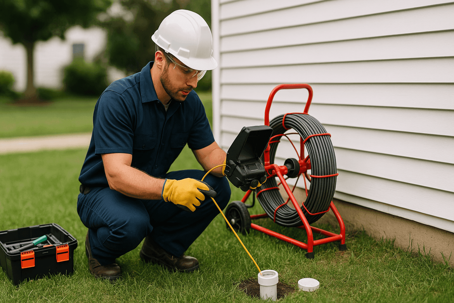 Technician inspecting residential sewer cleanout outdoors