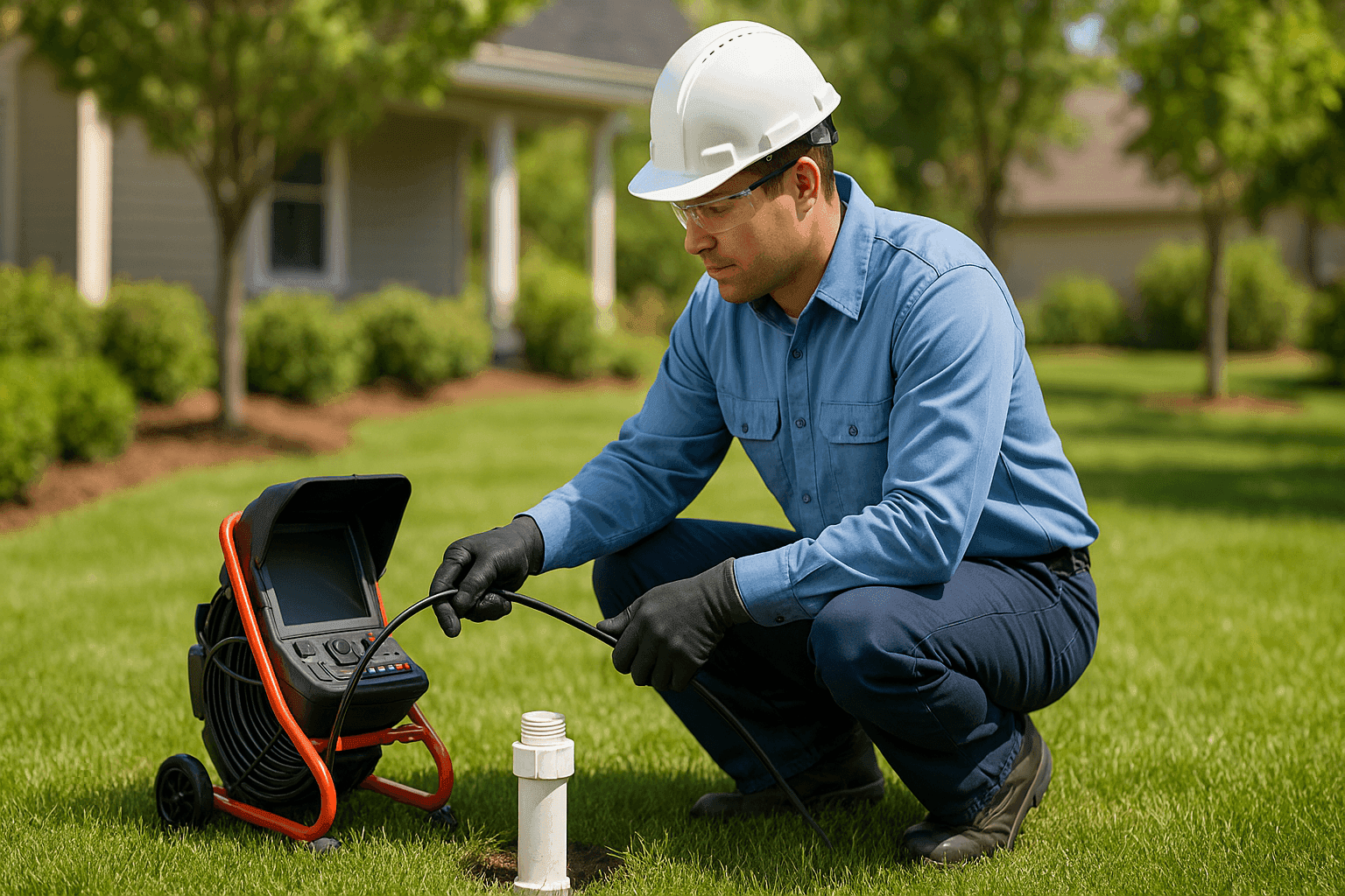 Technician inspecting outdoor sewer line access point