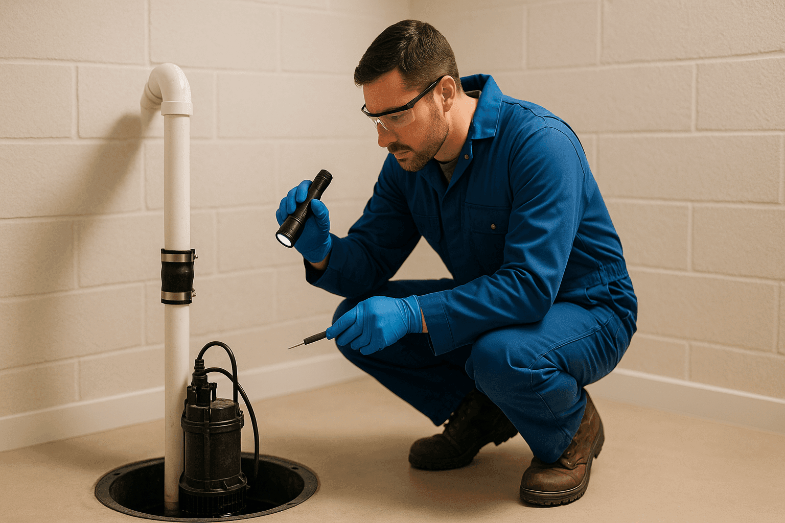 Plumber testing sump pump in residential basement