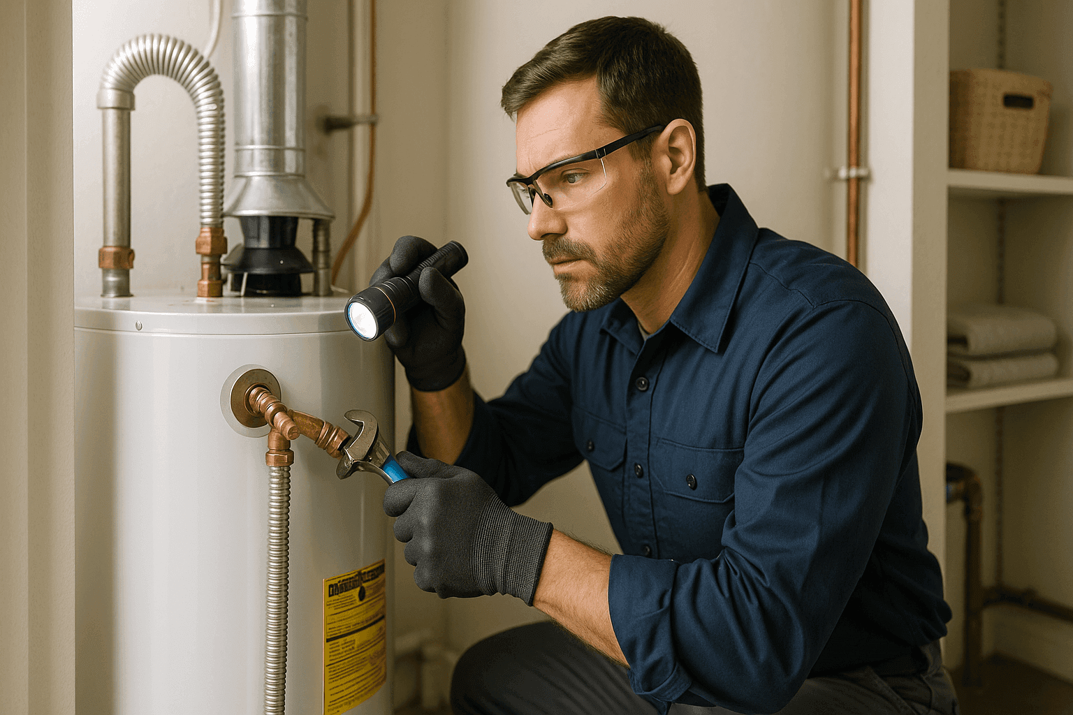 Plumber inspecting residential water heater for problems